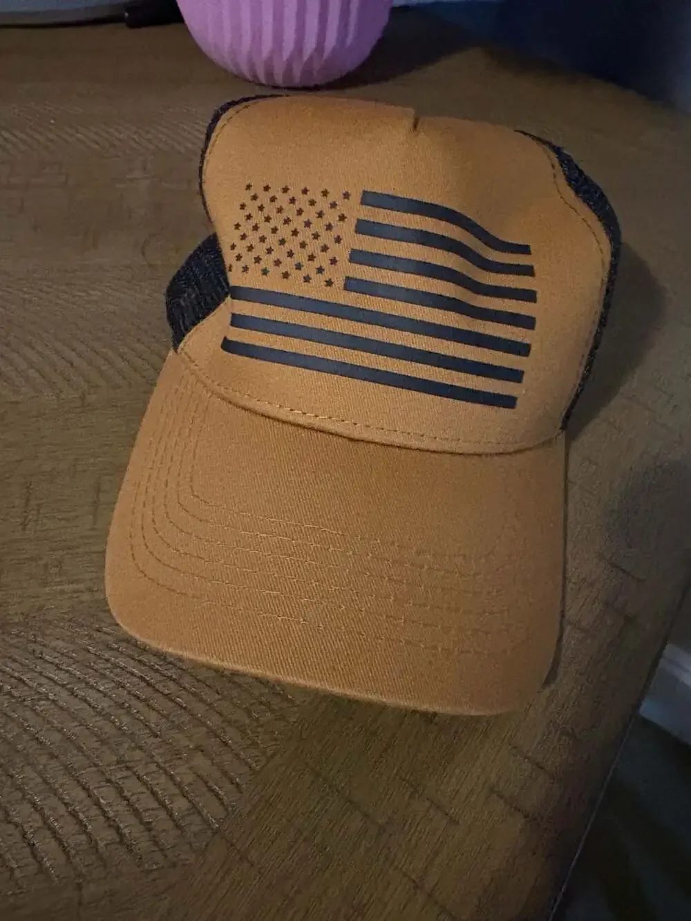 Tan and Black Mesh Trucker Hat with American Flag Print